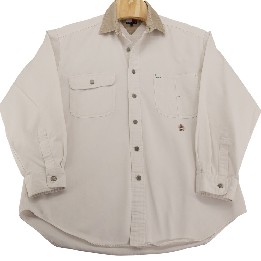 Tommy Hilfiger Mens Heavy Twill Button Down Shirt Cream Corduroy Collar Large - Picture 4 of 11